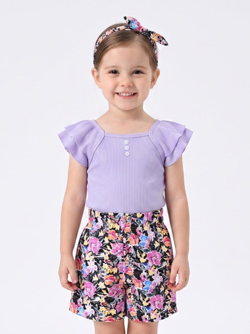 NWOT | Lavender Purple Ribbed Flutter Sleeve Top & Floral Shorts 3pc Set | 4-5Y